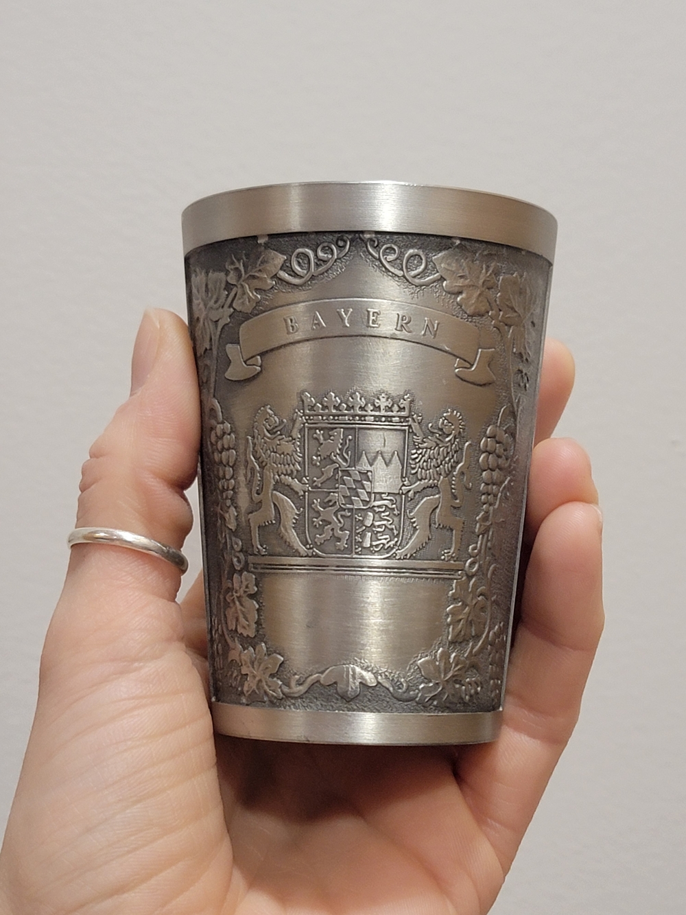 Vintage German Pewter Cup 95% Zinn Bayern Crest Shot Glass Barware Collectible